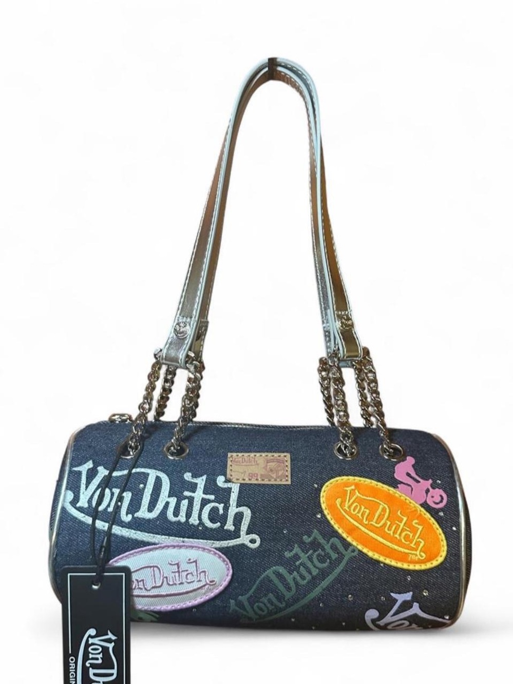Von Dutch Barrel Shoulder Bag, Denim Patches